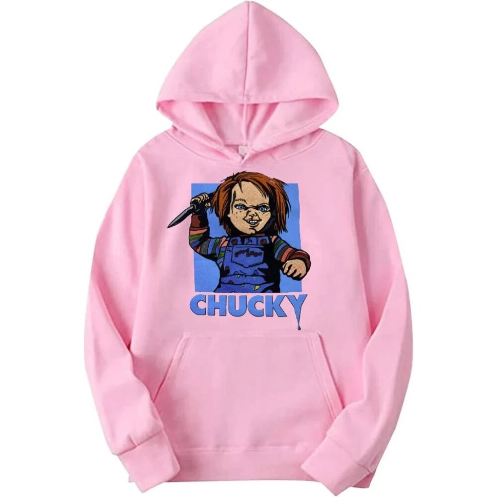 Chucky Holding Knife With Crazed Look Mens Pink Chucky Hoodie New